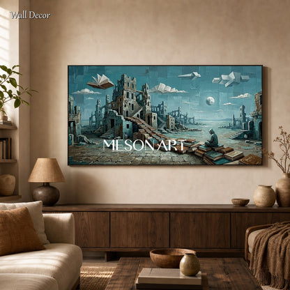 Large Surreal Painting Of Ancient Ruins And Floating Books For Home Office Decor