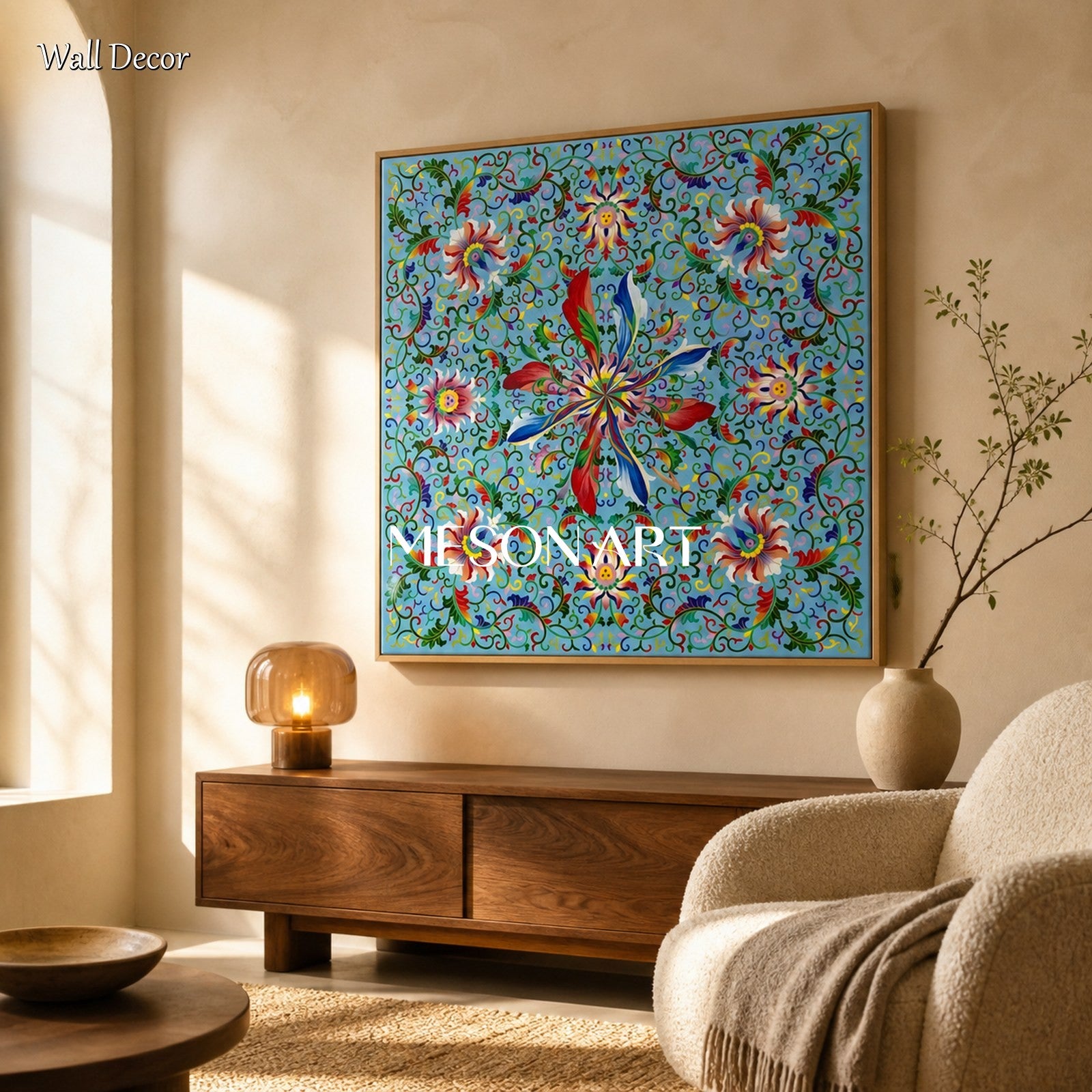 Blue And Green Islamic Geometric Floral Art Square Painting Original Artist Hand Painted By Mesonart