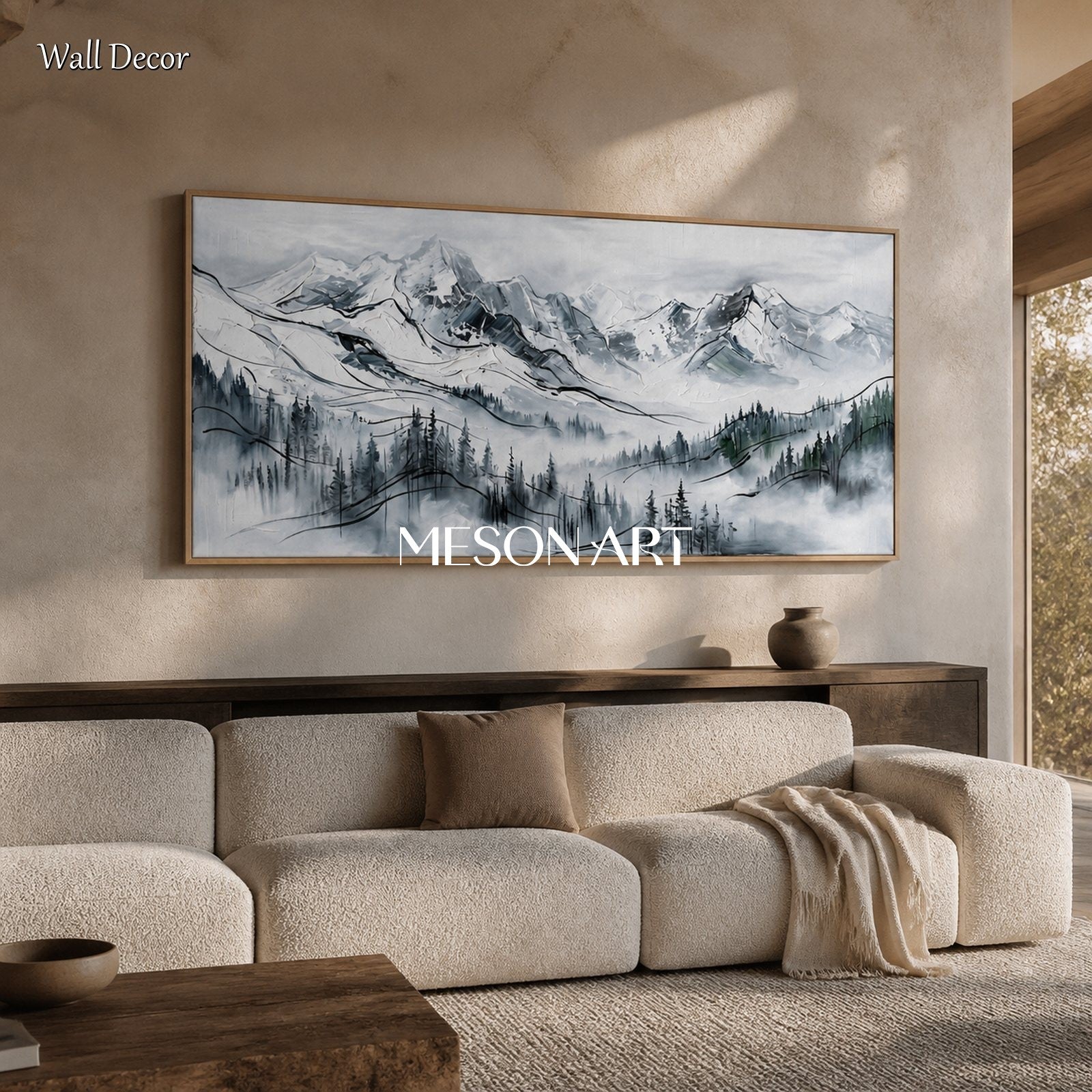 White And Black Mountain Landscape Painting Contemporary Textured Panoramic Art By Mesonart