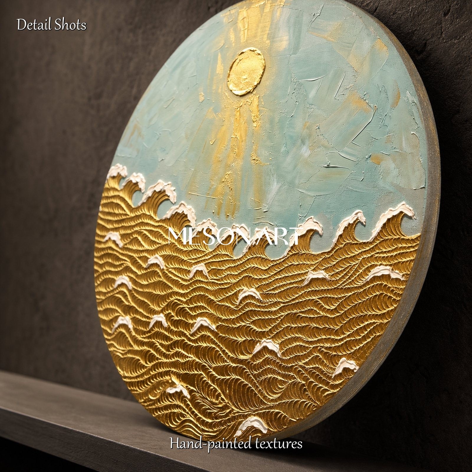 Golden Wave Painting Circular Art Deco Ocean Wall Art For Living Room Entryway