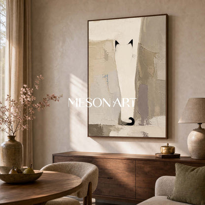Minimalist Cat Abstract Art With Textured Beige And Black Tones For Contemporary Home Decor