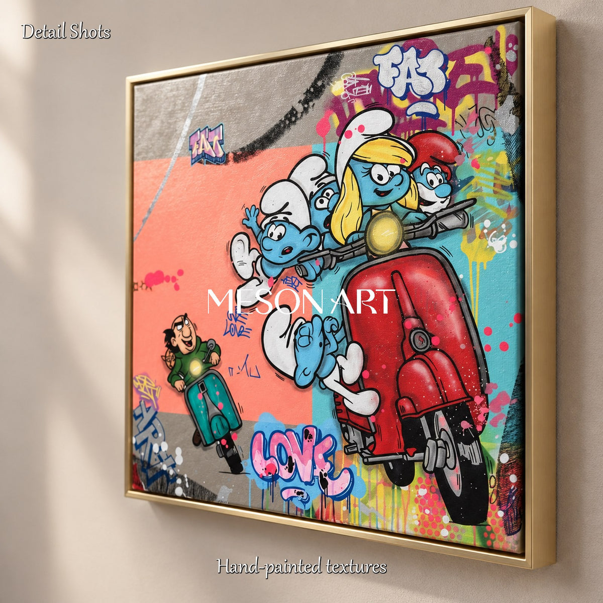Blue And Red Graffiti Painting Of Smurfs Square Wall Art Original Artist Hand Painted By Mesonart