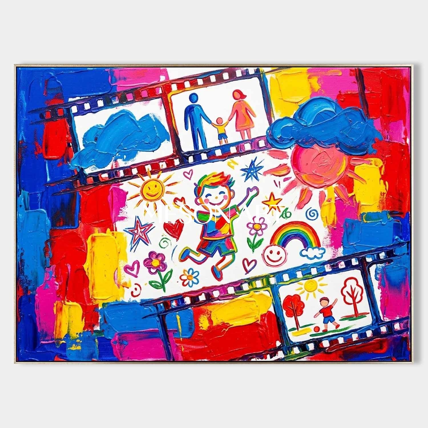 Colorful Pop Art Canvas Painting With Film Strip Motif For Kids Room And Play Area Wall Decor