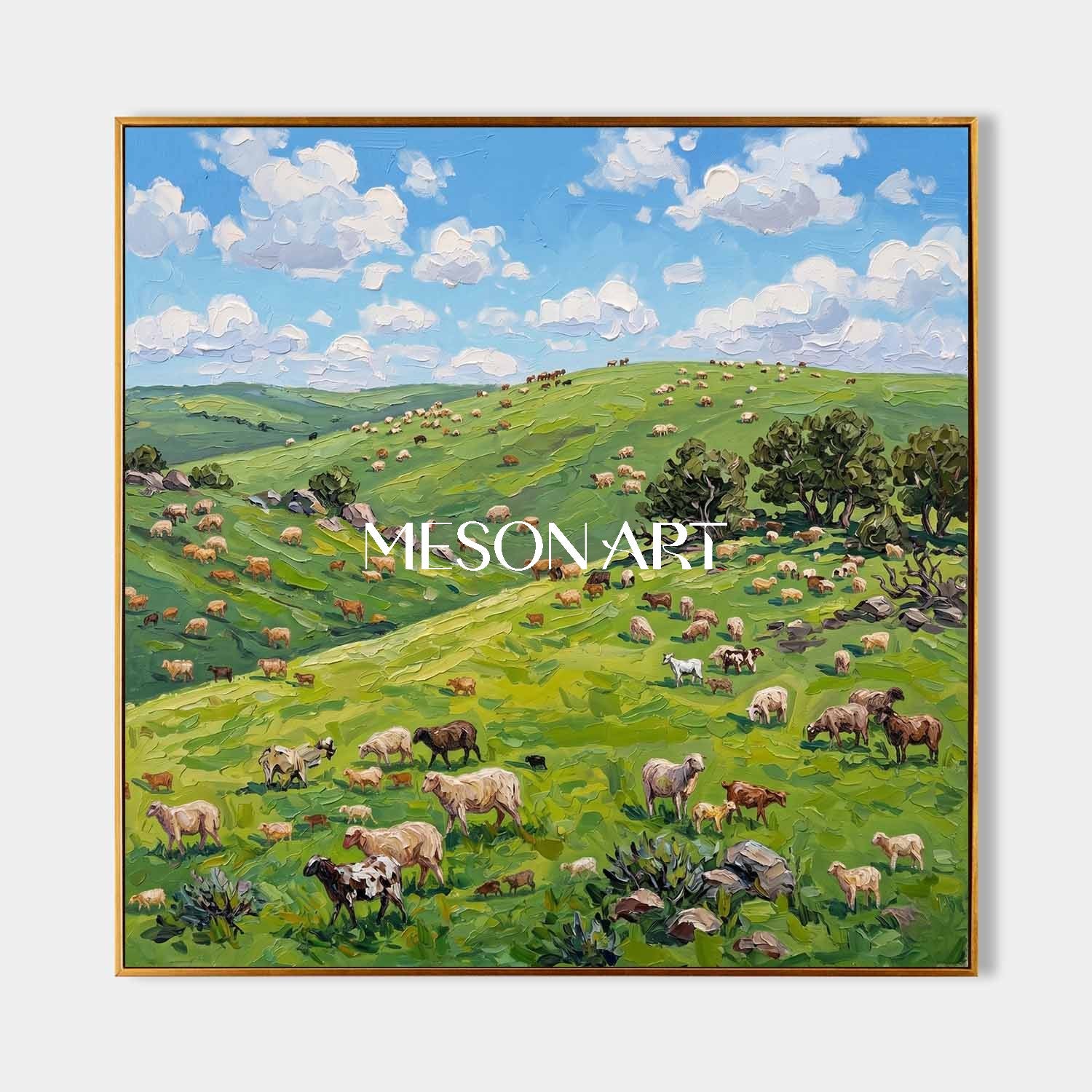 Green Pasture Landscape Oil Painting With Cows For Modern Farmhouse Living Room Decor