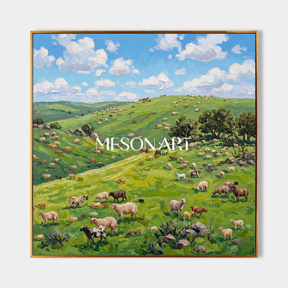 Green Pasture Landscape Oil Painting With Cows For Modern Farmhouse Living Room Decor