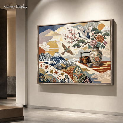 Japanese Ukiyo-E Crane Art With Gold Texture For Living Room Decor