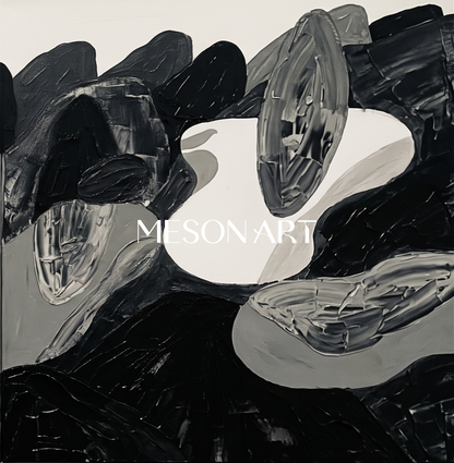 Abstract Black And White Oil Painting With Textured Relief For Modern Living Room Decor