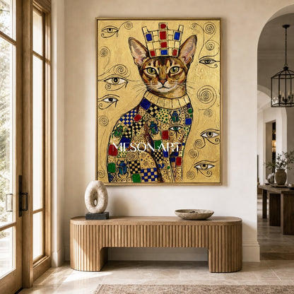 Golden Cat Portrait Painting Inspired By Klimt And Ancient Egypt For Luxury Home Decor