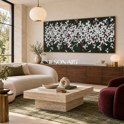 Green And White Abstract Art Wabi-Sabi Impasto Palette Knife Panoramic Wall Decor For Living Room By Mesonart