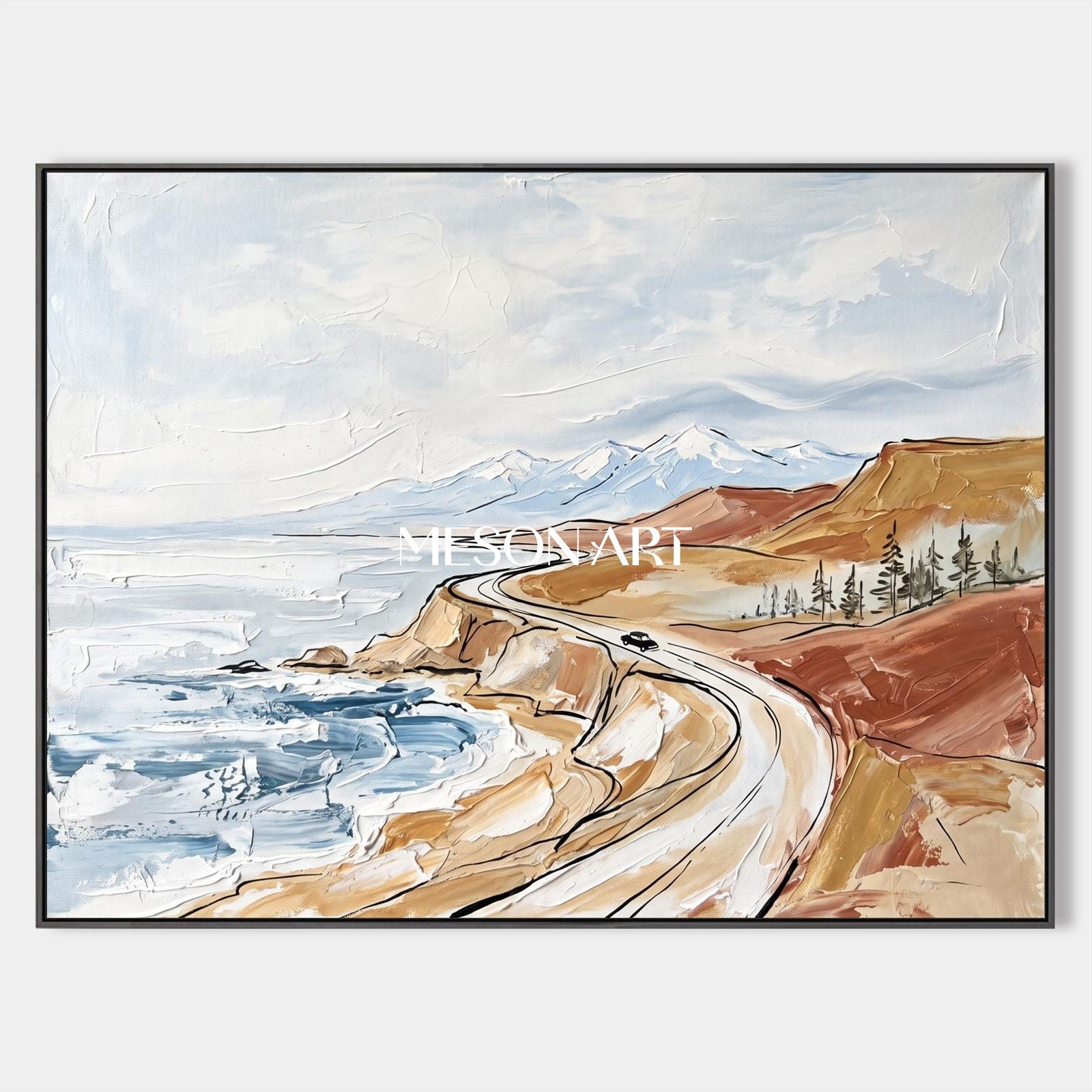 Blue And Brown Mountain Landscape Painting Modern Textured Art Rectangular Wall Decor For Living Room By Mesonart