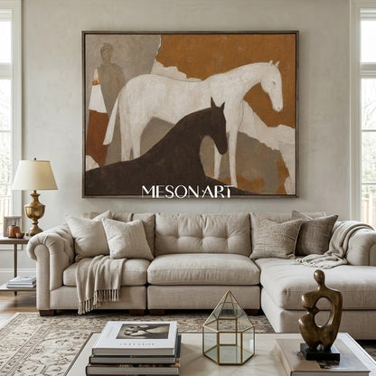 Wabi Sabi Textured Horse Painting With Earthy Tones For Modern Living Room Decor