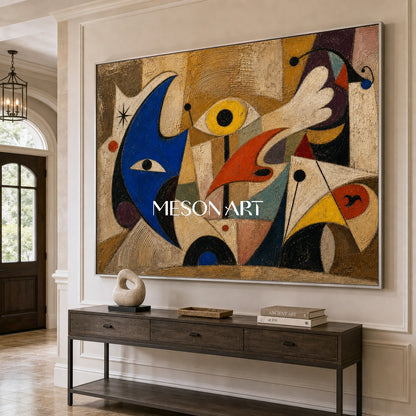 Pittura ad olio astratta surrealista su lino con toni blu e beige per l'arredamento del soggiorno