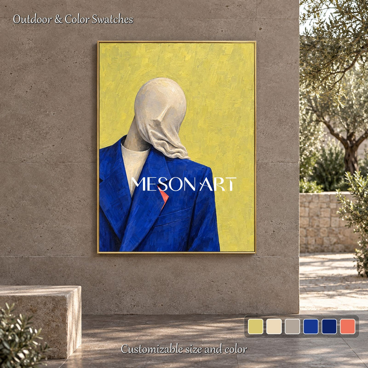 Blue And Yellow Surrealist Portrait Painting Rectangular Wall Art For Living Room By Mesonart