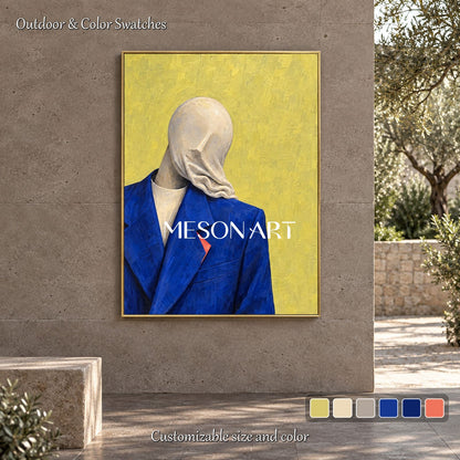 Blue And Yellow Surrealist Portrait Painting Rectangular Wall Art For Living Room By Mesonart