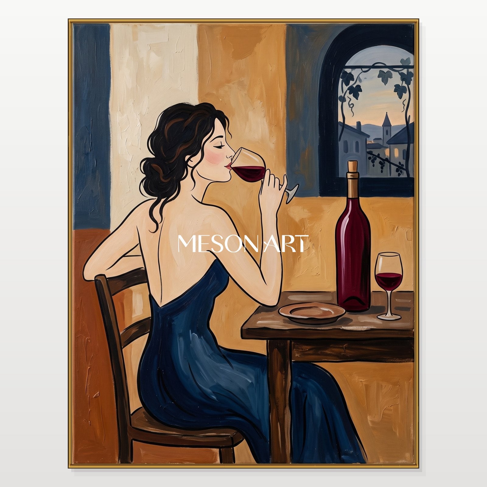 Blue And Brown Figurative Painting Original Contemporary Art Wine Tasting Scene Rectangular Wall Decor For Dining Room By Mesonart