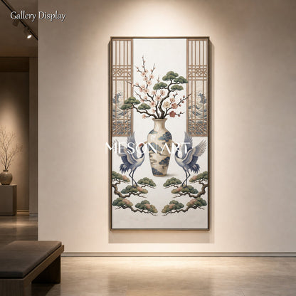 White Crane Painting For Living Room Elegant Chinoiserie Wall Art With Floral Vase