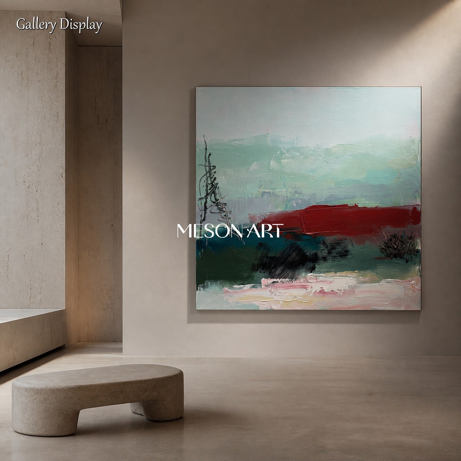 Green And Red Abstract Landscape Painting Modern Textured Square Wall Art For Living Room By Mesonart