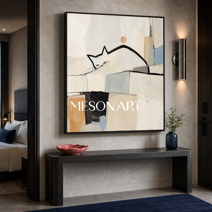 Minimalist Cat Abstract Painting On Linen Canvas With Soft Brushwork For Living Room