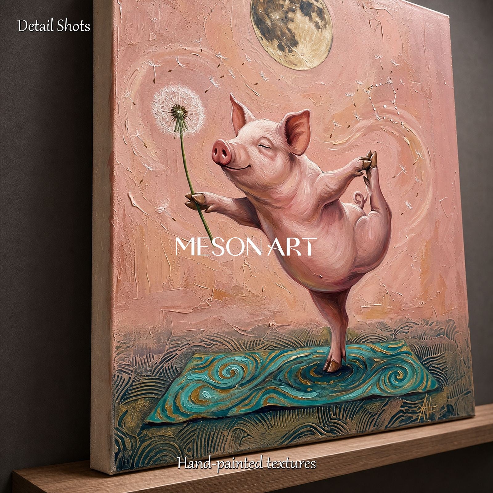 Pink Surrealist Yoga Pig Original Art Rectangular Wall Decor For Living Room By Mesonart