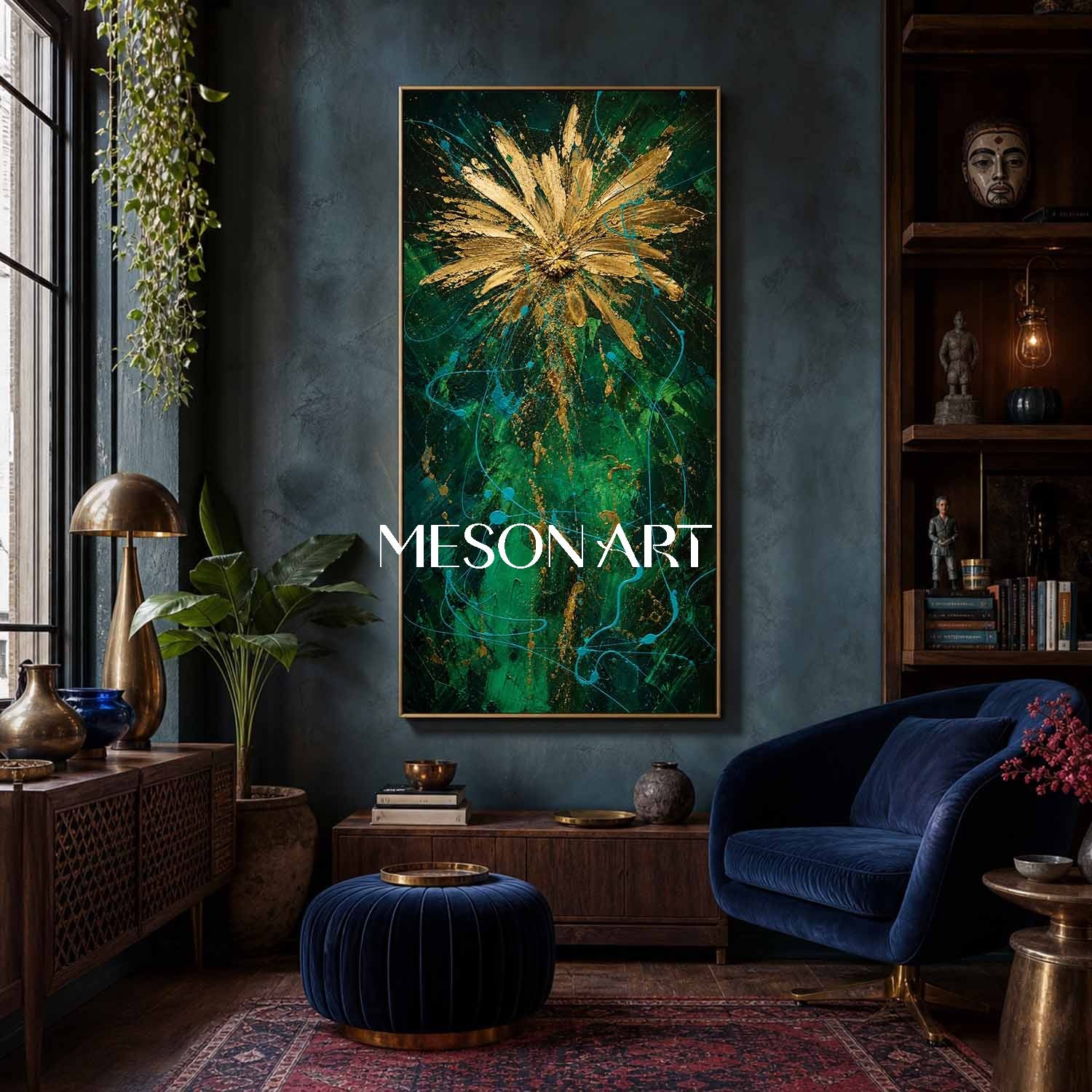 Emerald Green And Gold Abstract Painting In Pollock Style For Living Room