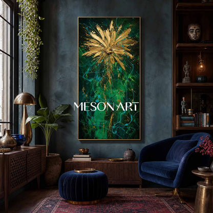 Emerald Green And Gold Abstract Painting In Pollock Style For Living Room