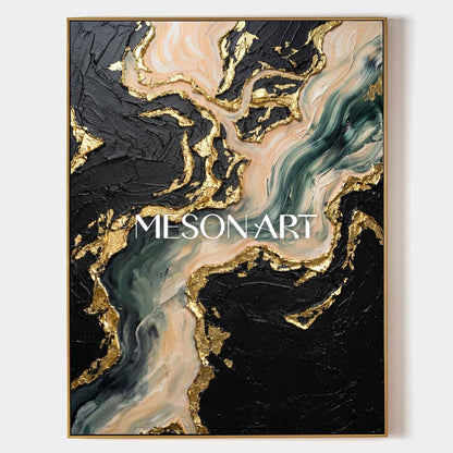 Luxury Abstract Seascape Painting With Gold Leaf Texture For Modern Living Room Decor