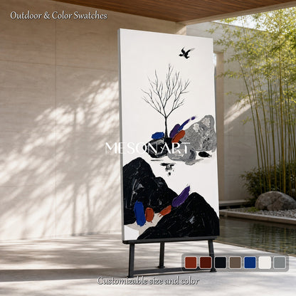 Large Black And White Abstract Landscape Painting With Color Accents For Living Room