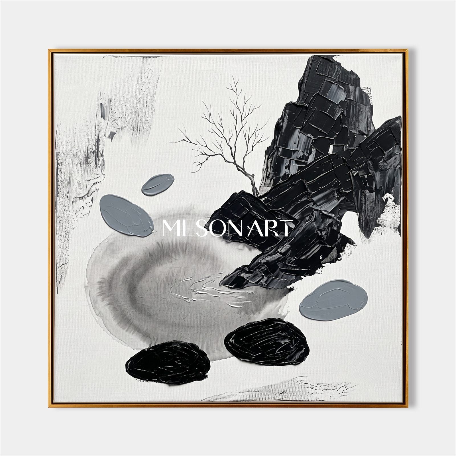 Minimalist Black And White Abstract Art With Palette Knife Texture For Modern Home Decor