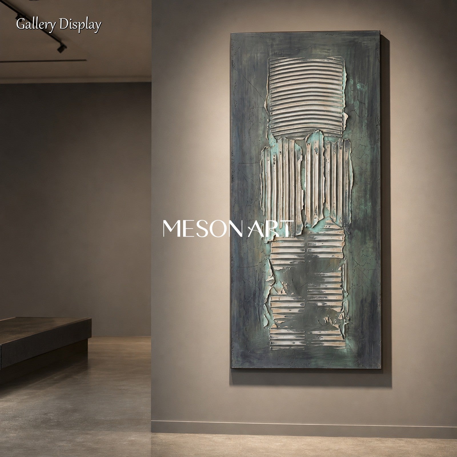 Green Abstract Plaster Texture Art With Gold Frame For Modern Home Decor