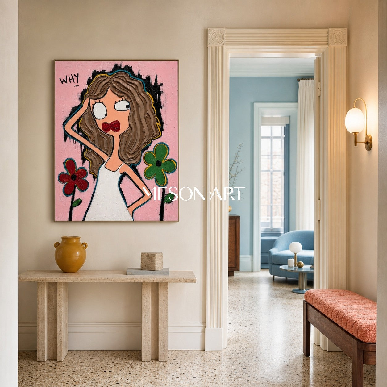 Vivace quadro in stile Pop Art con fiori in rilievo, ideale per l'arredamento di un salotto moderno