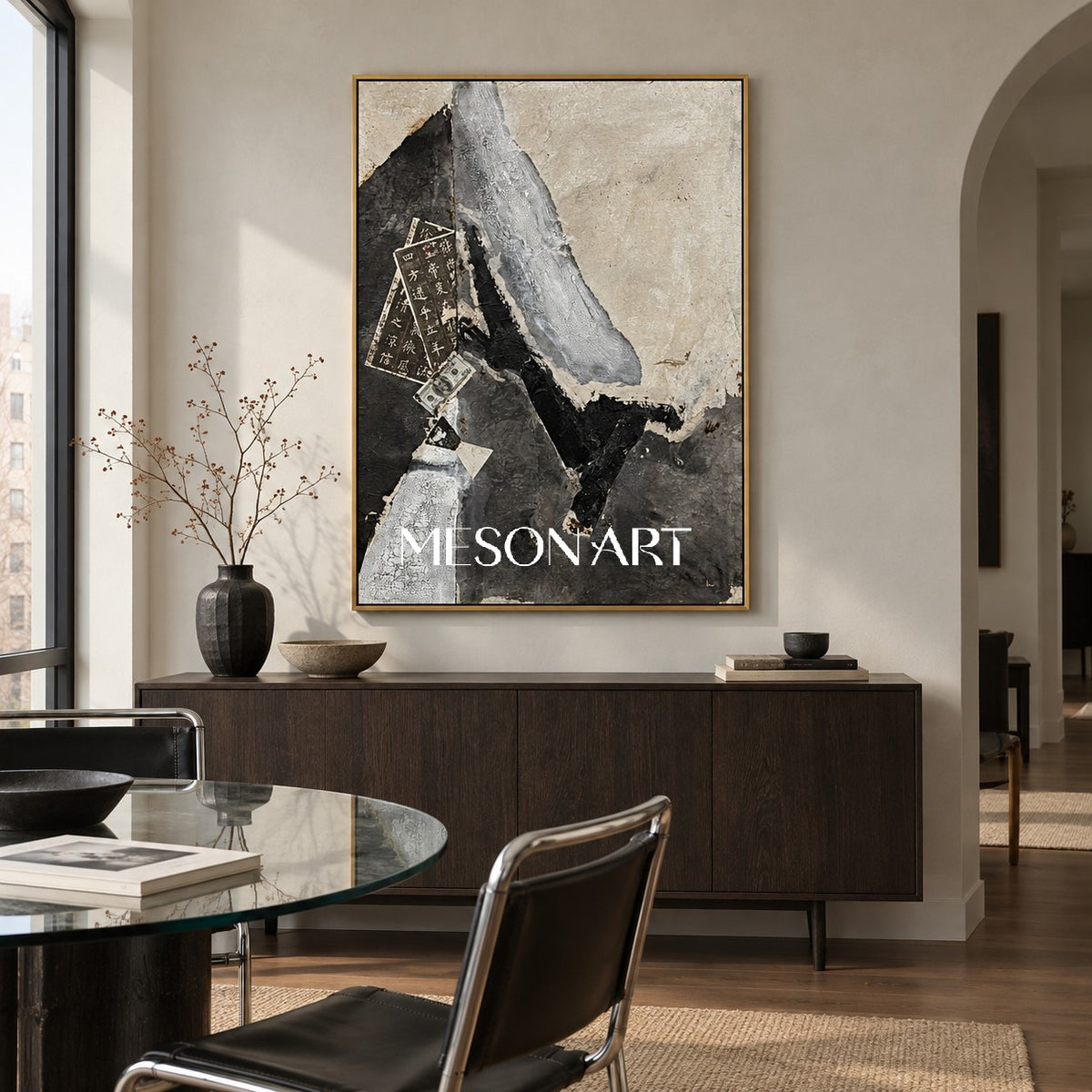 Black And White Abstract Painting Rectangular Wall Art Modern Textured Mixed Media Original By Mesonart