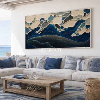Deep Ocean Whale Silhouette Art With Textured Waves For Modern Living Room Decor