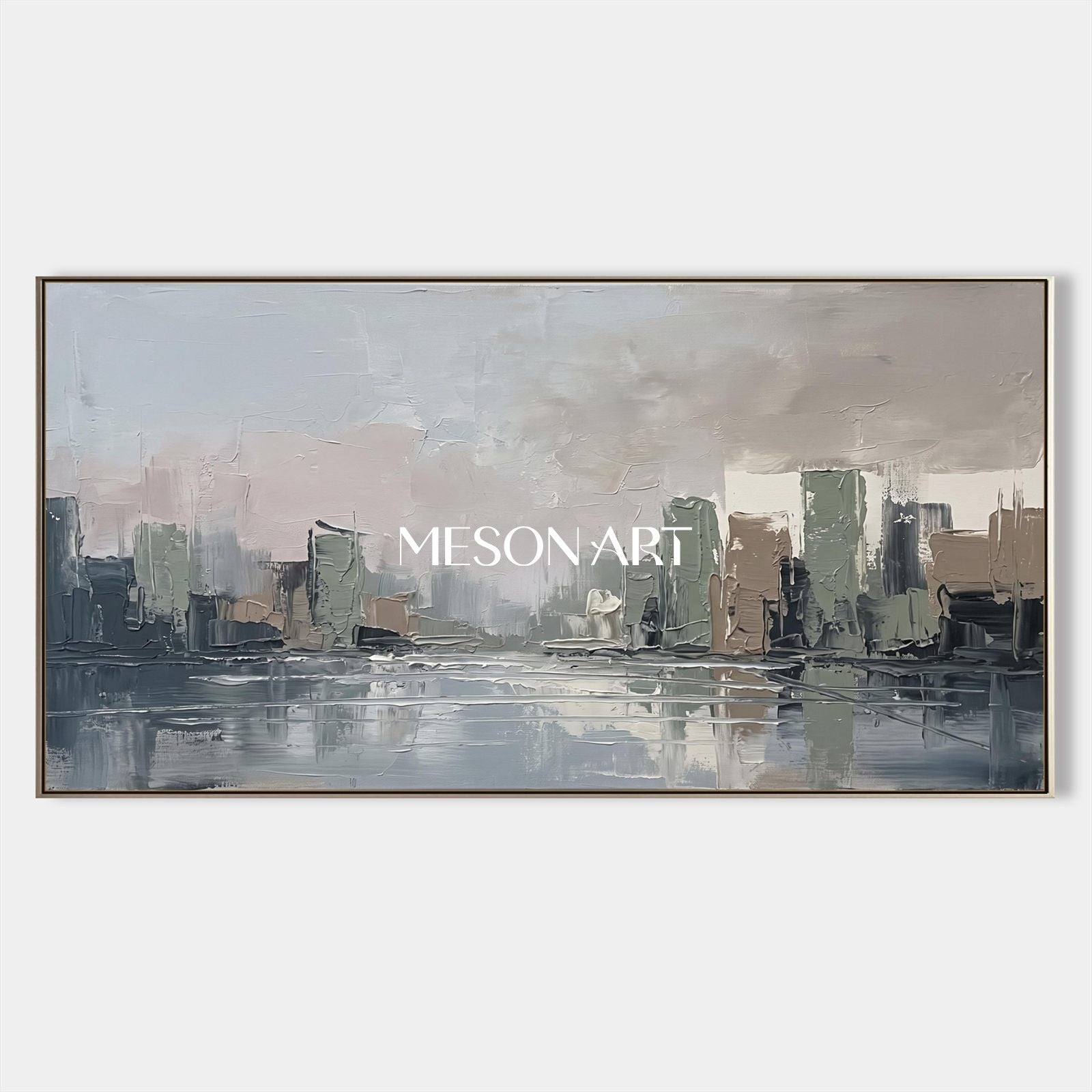 Gray And Beige Abstract Painting Panoramic Landscape Wall Art Original Artist Hand Painted By Mesonart
