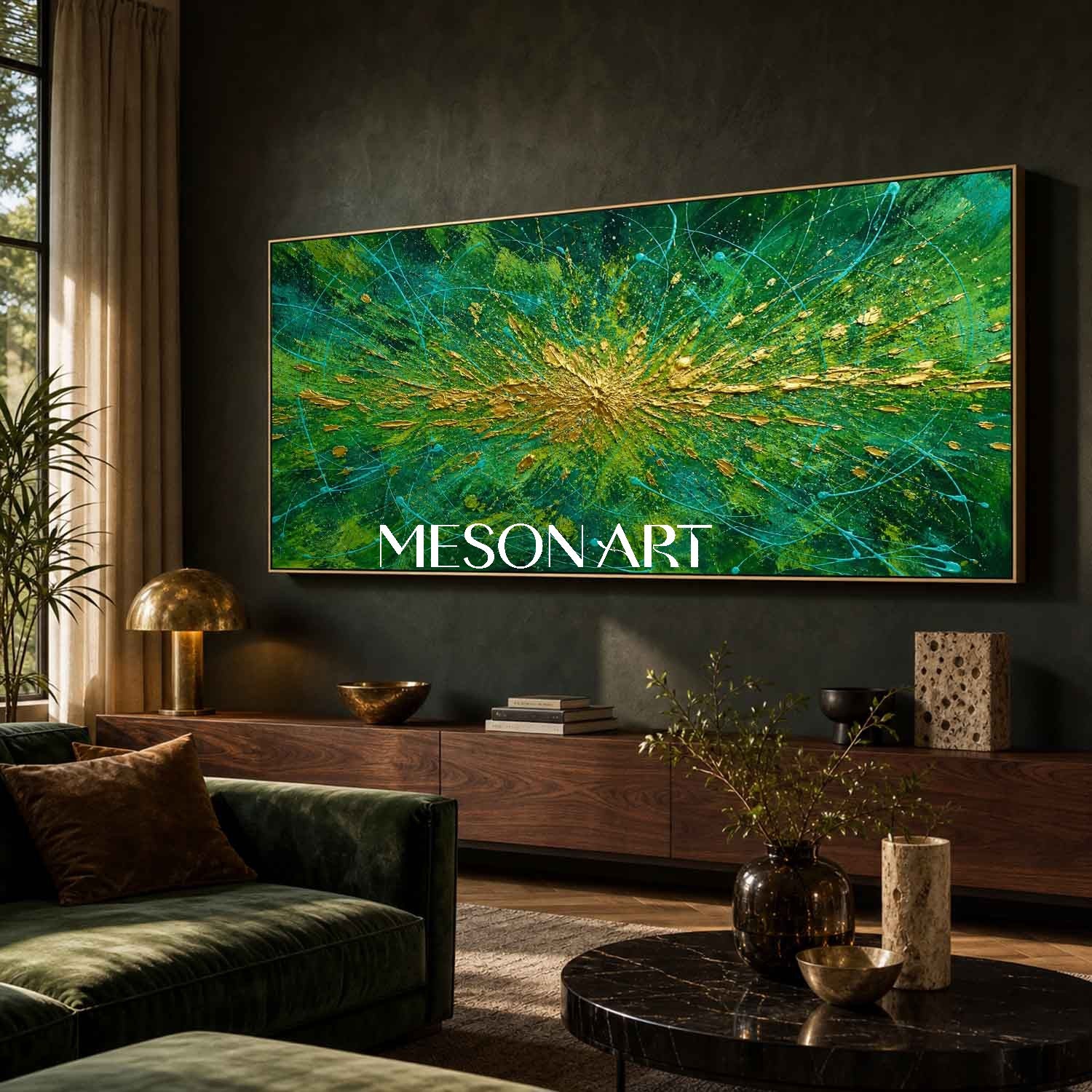 Emerald Green And Gold Pollock Abstract Painting For Modern Living Room Decor
