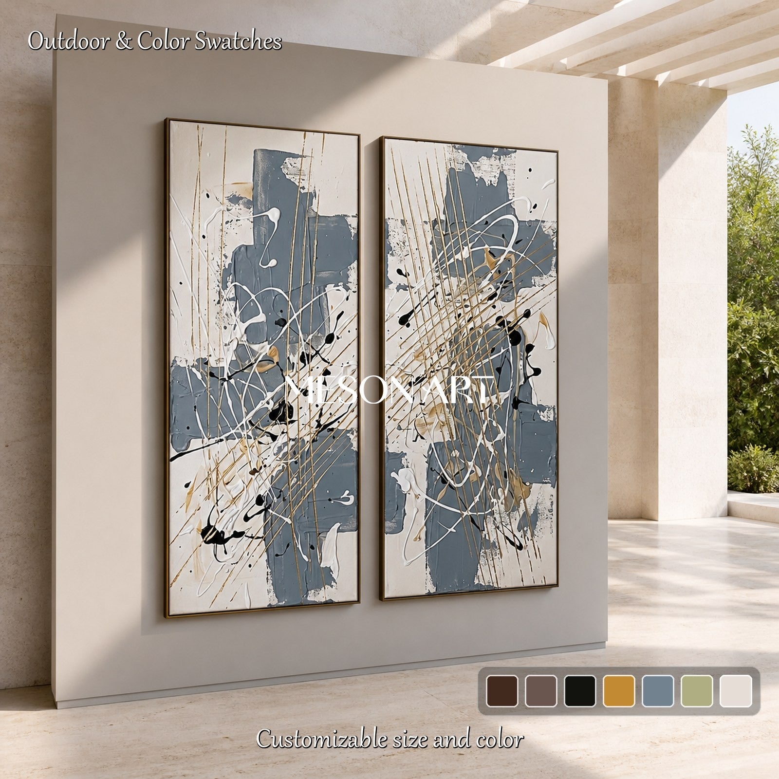 Blue And Gold Abstract Painting Jackson Pollock Inspired Art Style Rectangular Wall Decor For Living Room By Mesonart