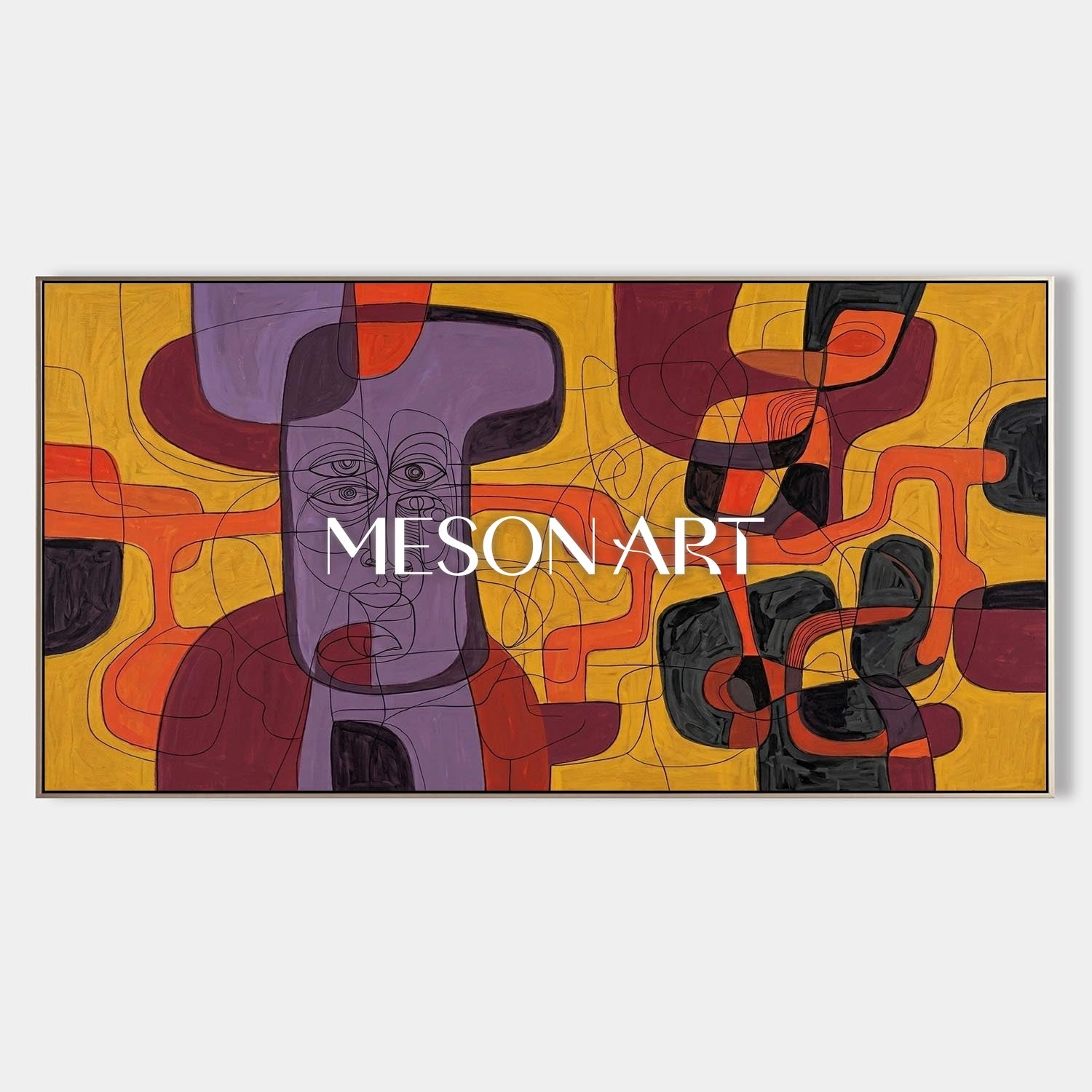 Contemporary Abstract Portrait Painting With Purple And Orange Tones For Modern Living Room Decor