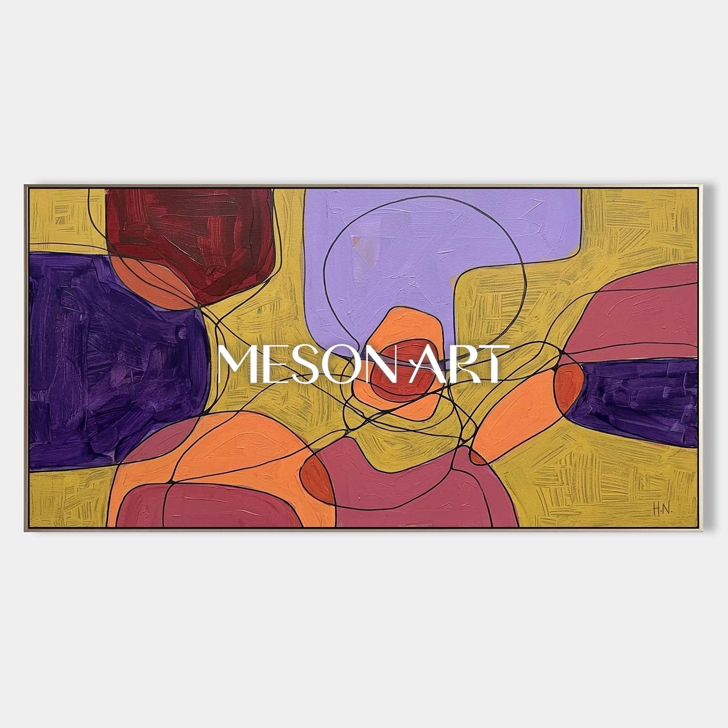 Contemporary Abstract Painting With Purple And Yellow For Modern Living Room Decor