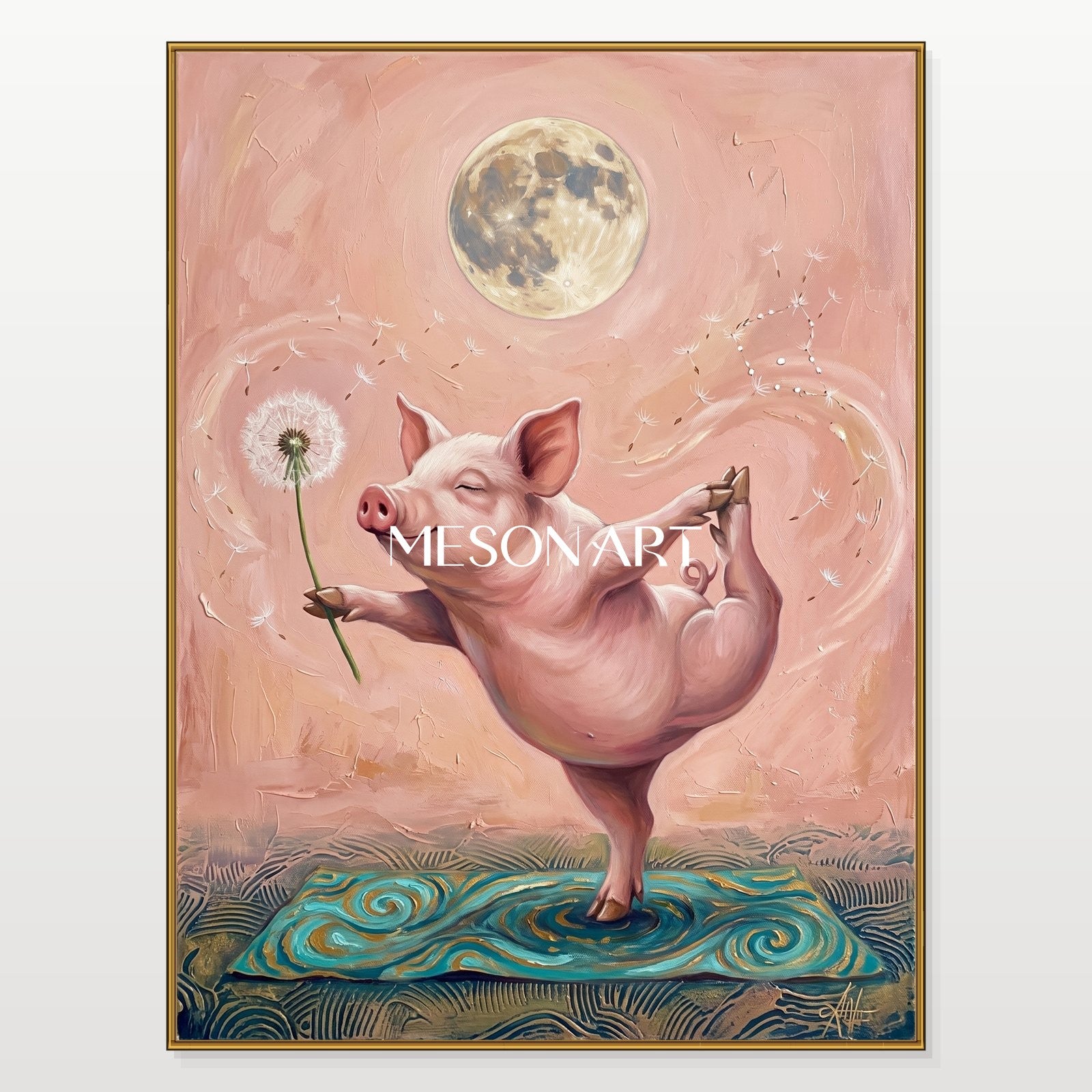 Pink Surrealist Yoga Pig Original Art Rectangular Wall Decor For Living Room By Mesonart