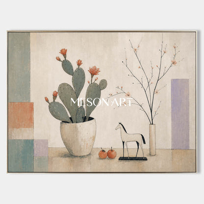 Art Deco Cactus Painting For Modern Living Room Decor With Geometric Shapes