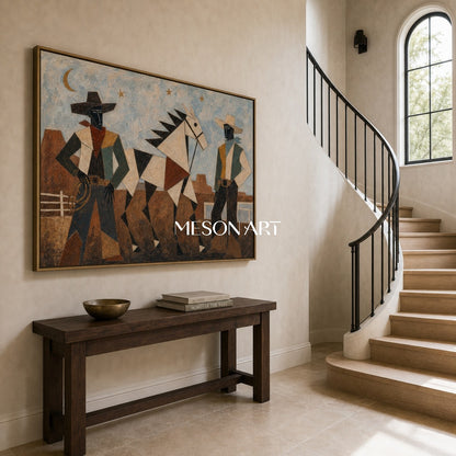 Geometric Cowboy And Horse Painting For Modern Living Room Decor