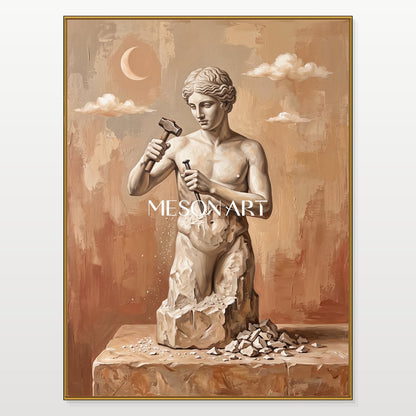 Surrealist Sculpture Painting With Moon And Clouds In Beige Brown Tones For Modern Living Room Decor