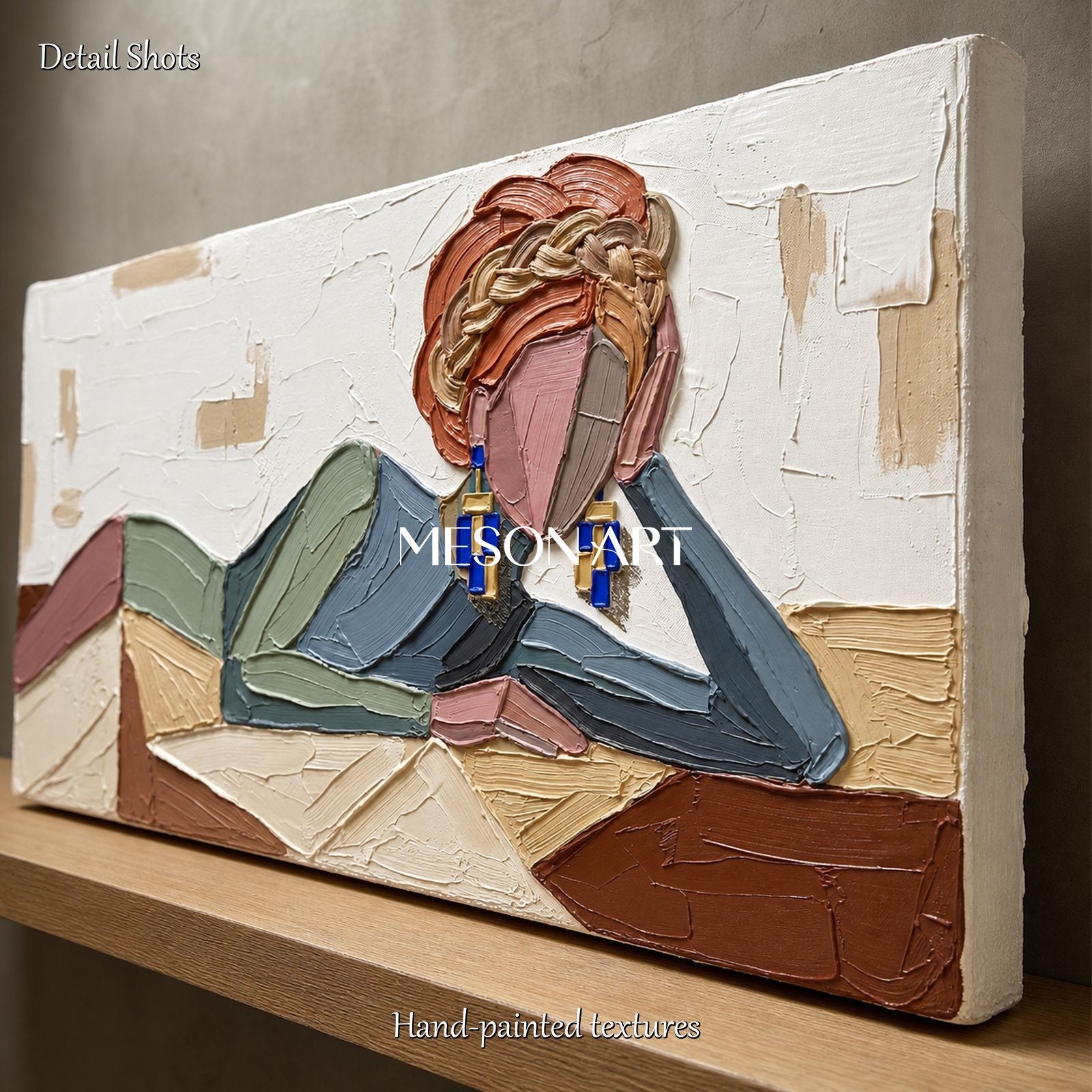 Beige And Blue Abstract Portrait Painting Panoramic Modern Figurative Art Original Artist Hand Painted By Mesonart