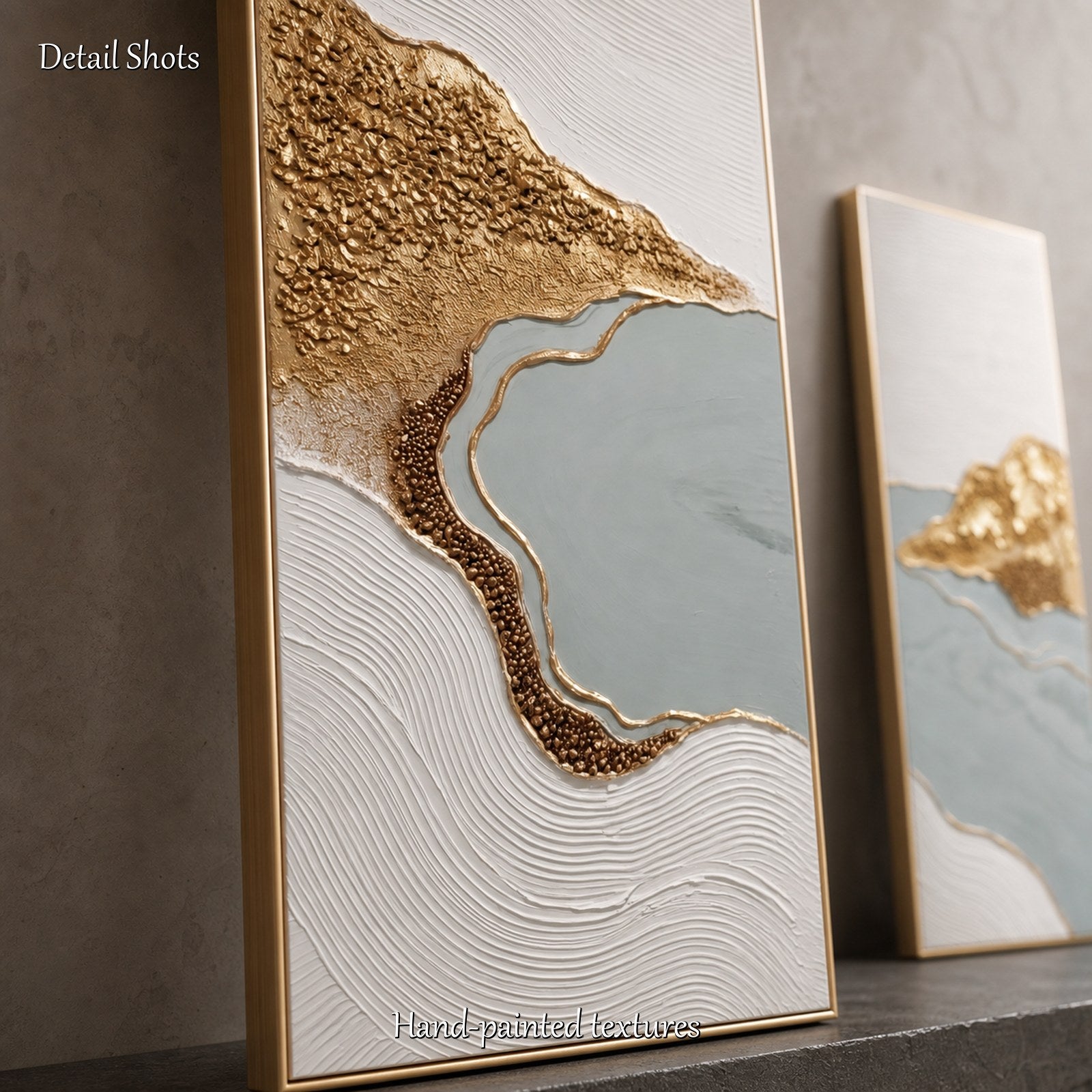 Dipinto astratto di lusso con foglia d'oro: opera d'arte con texture bianca e grigia per una casa moderna