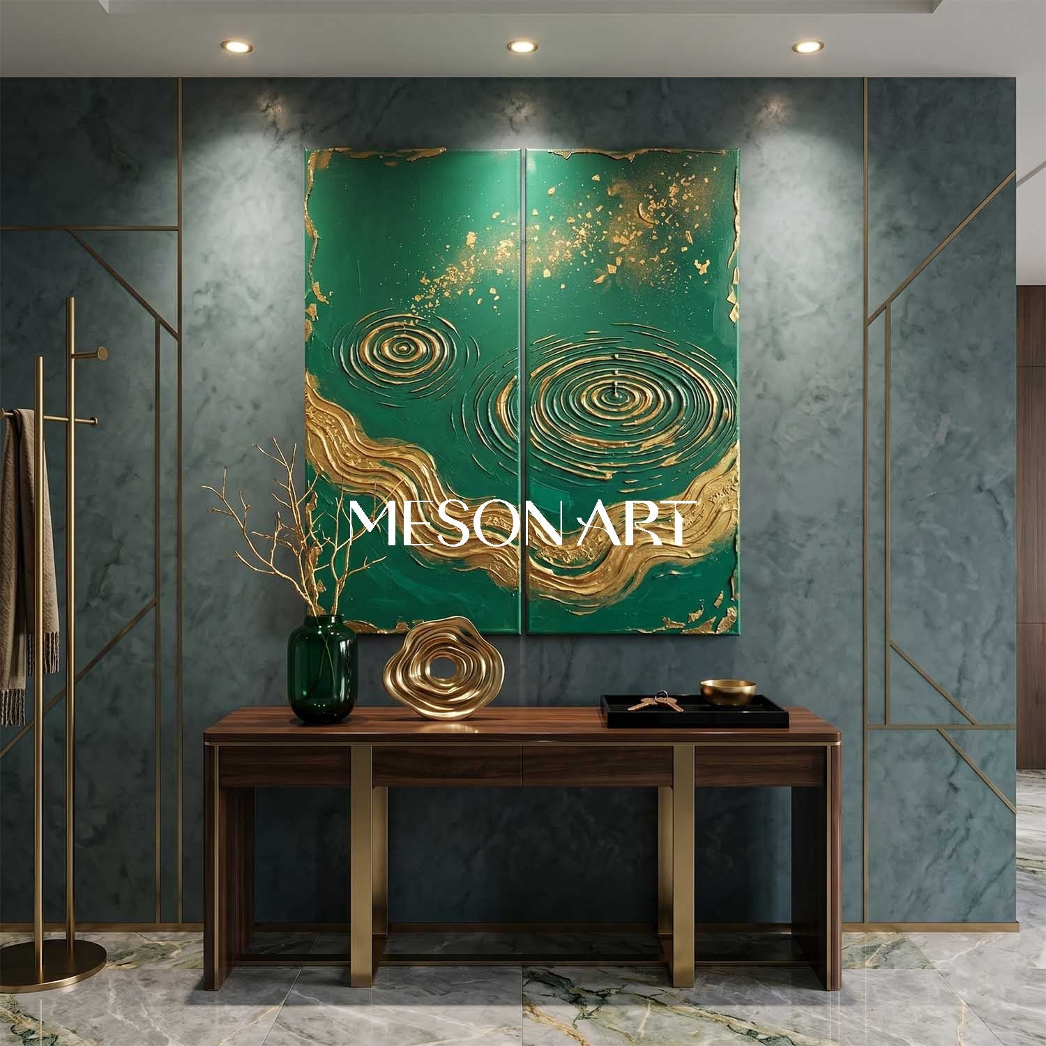 Large Green And Gold Textured Painting For Modern Living Room Art Deco Wall Decor