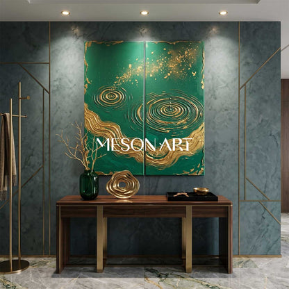 Large Green And Gold Textured Painting For Modern Living Room Art Deco Wall Decor