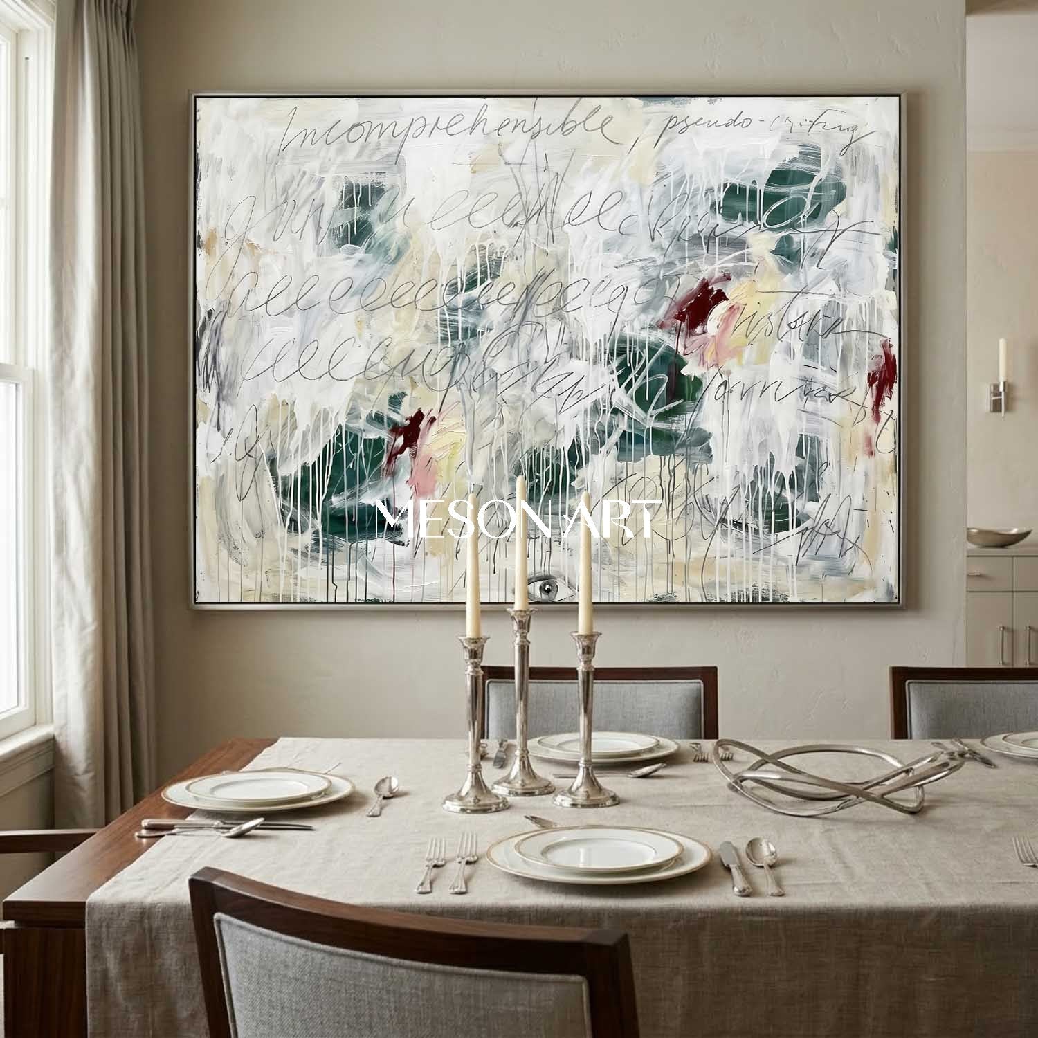 Large White Drip Graffiti Painting Handmade Textured Script Canvas Office