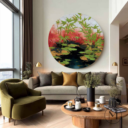 Wabi-Sabi Bamboo & Pond Wall Art Modern Bamboo Zen Wall Art Hand-Painted Round Textured Landscape