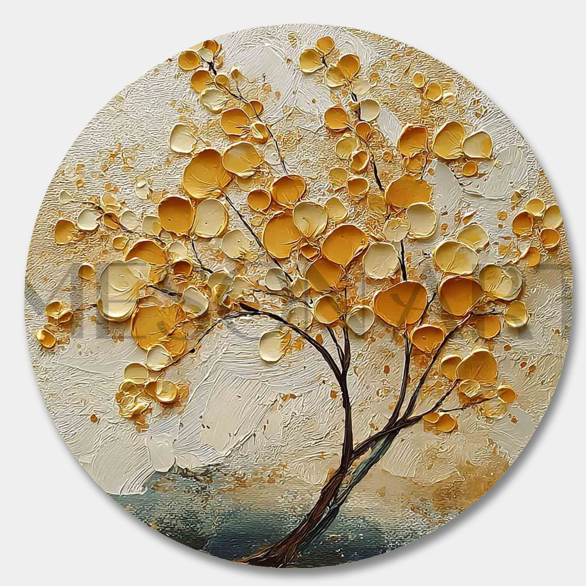 Golden Tree of Life Round Art – Ginkgo-Inspired Painting with 3D ...
