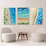 Blue Wave Beach Painting Set of 3 Summer Seaside Holiday Canvas Art Blue Sea Beach Texture Wall Art