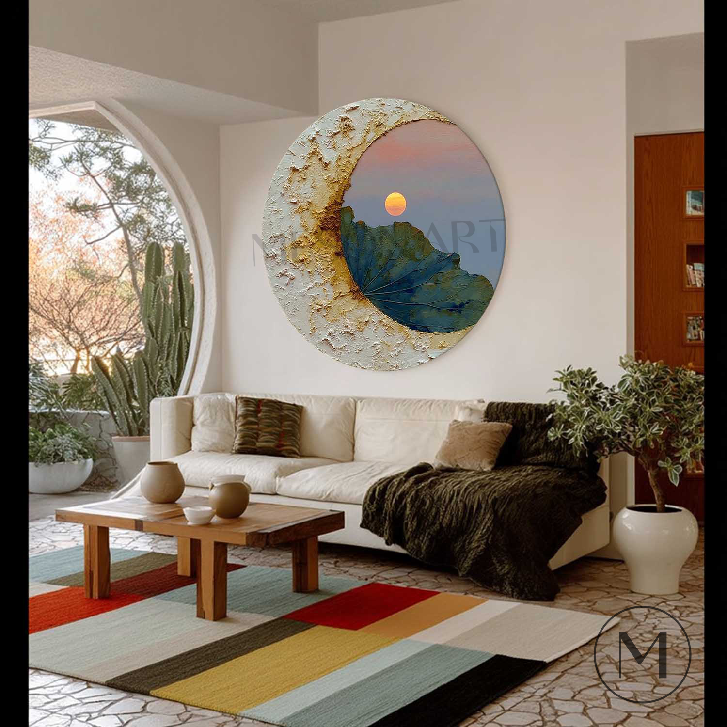 Moon Art on round canvas,Zen Sunset Botanical Wall Art,Painting,WABI-SABI Art